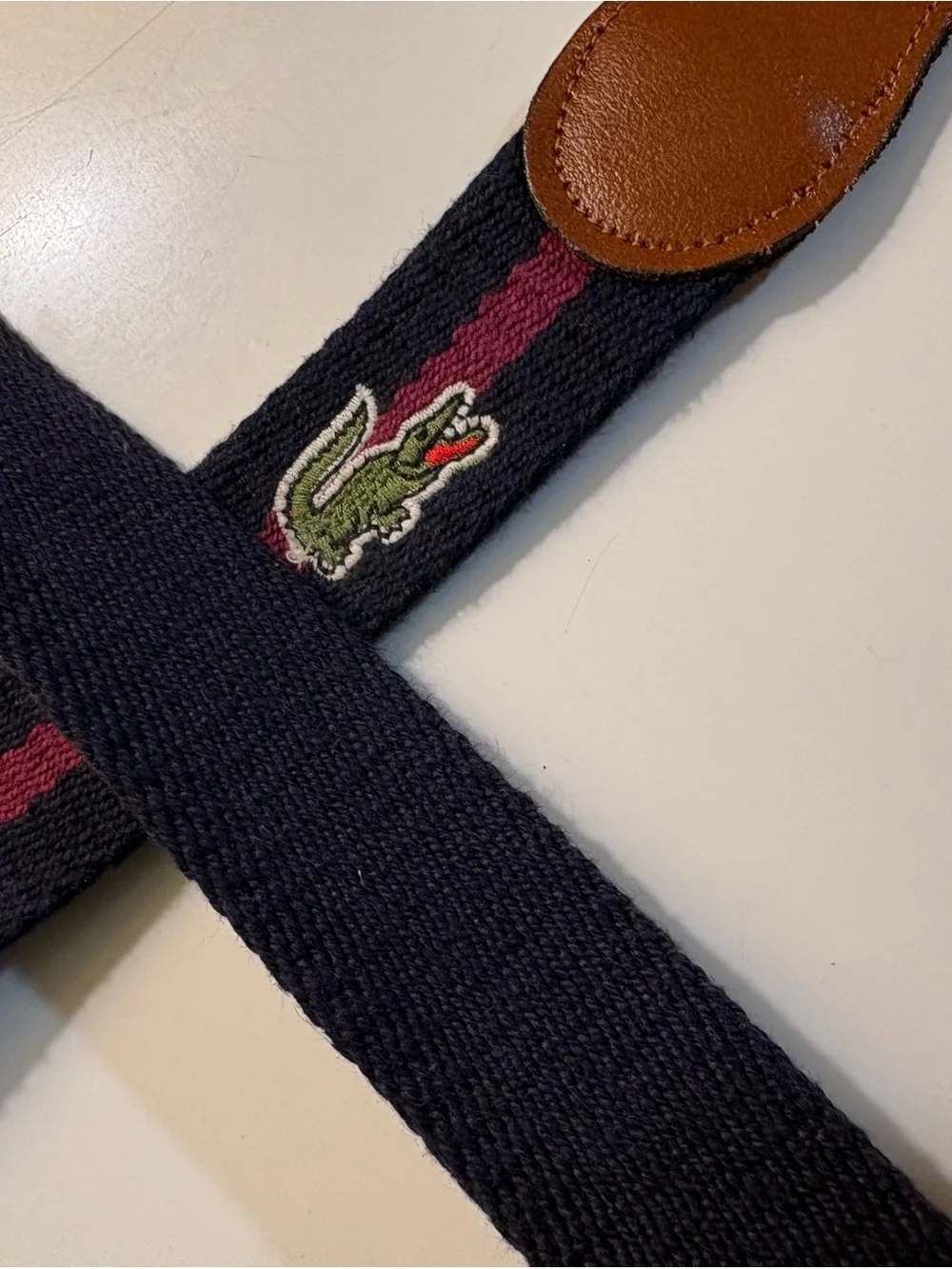 Vintage unisex Lacoste Izod Canvas Strap with Burgundy Center Stripe Belt